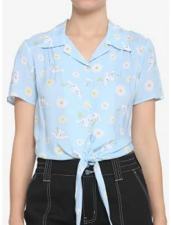 Coupon 🔔 Cinnamoroll Flowers Tie-Front 👧 Girls Woven Button Up 🔔