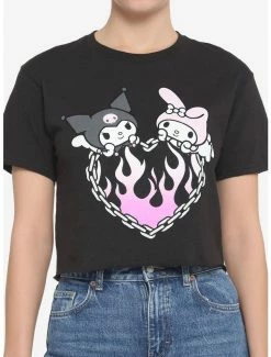 Deals ๐ My Melody & Kuromi Flame Heart ๐ง Girls Crop T-Shirt ๐